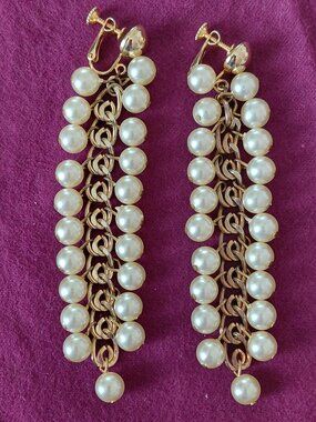 Vintage Long Faux Pearl and Chain Clip Earrings